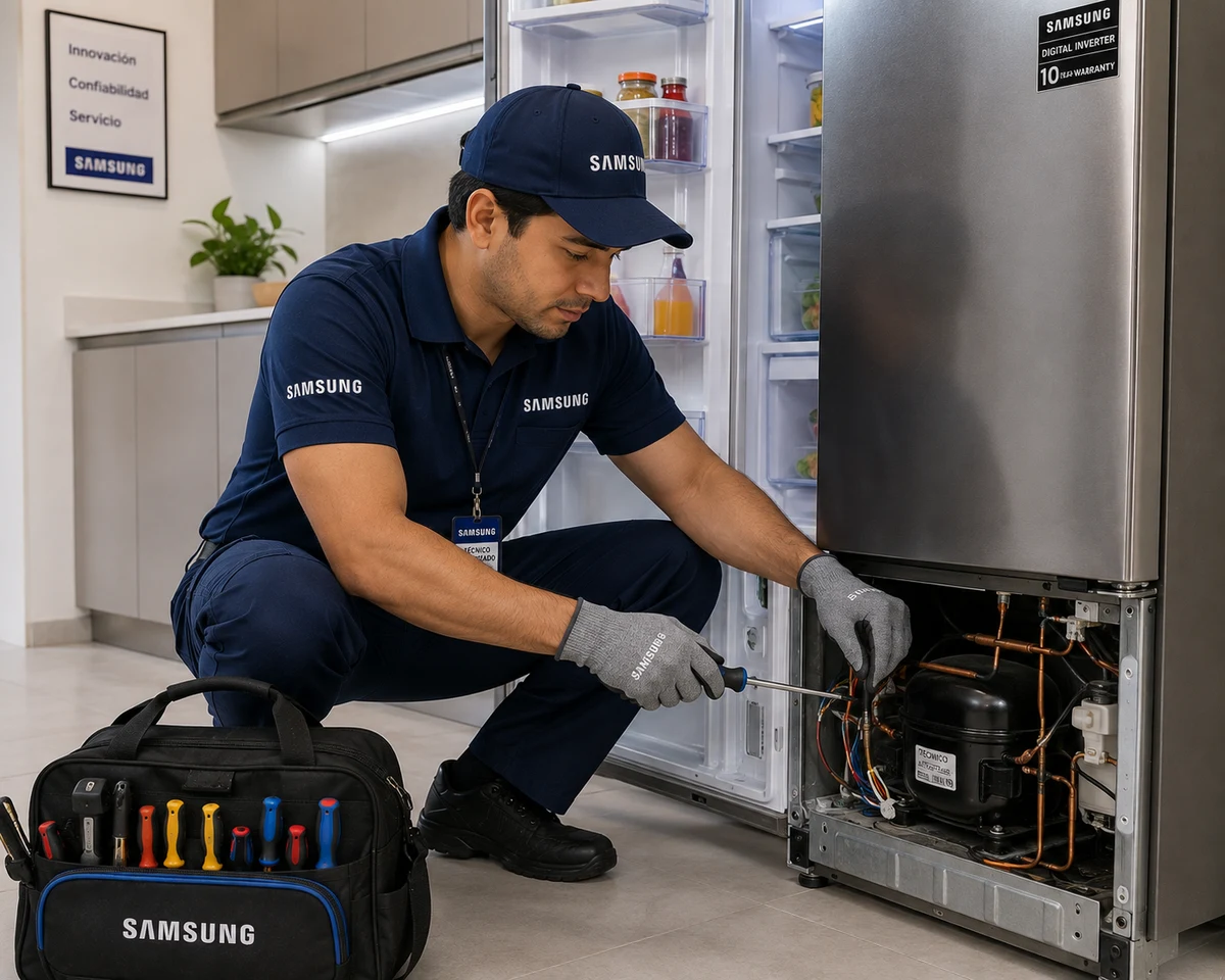 Técnico Samsung reparando un refrigerador