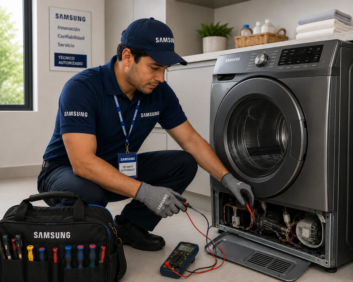 Técnico Samsung reparando una secadora